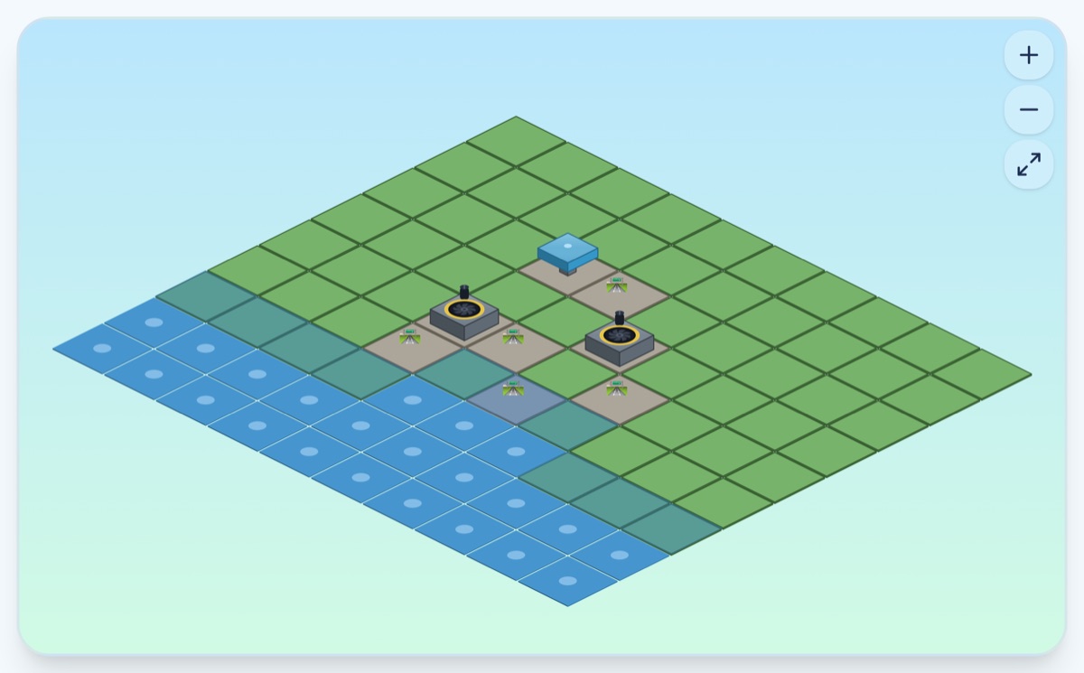 Guardian City: an isometric seaside map with power, water and homes placed, and a flood forecast warning